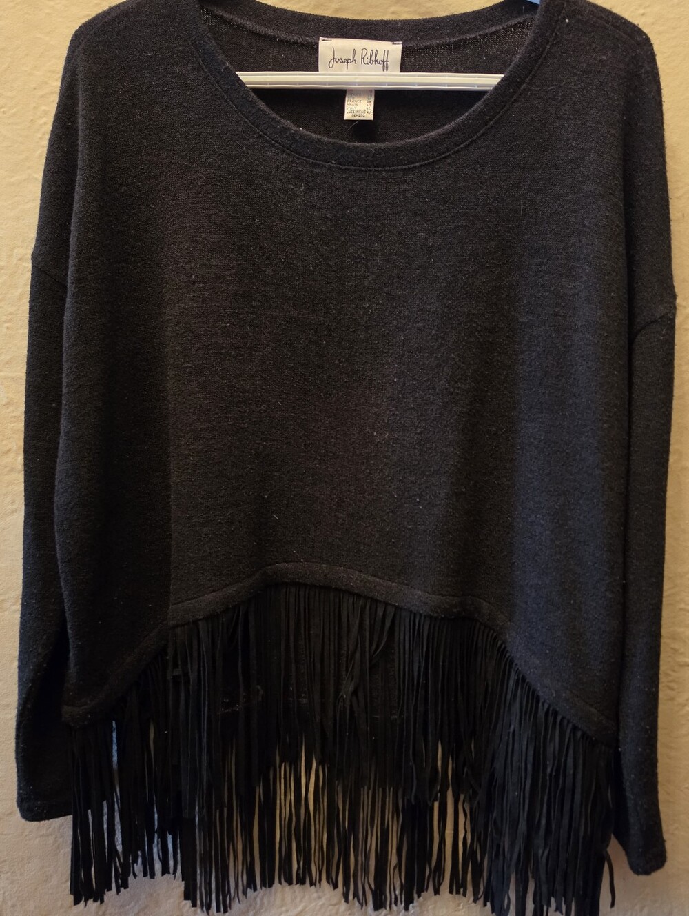 Black Fringe Hem Knit Sweater Tunic Joseph Ribkoff Size 8 Made in Canada
